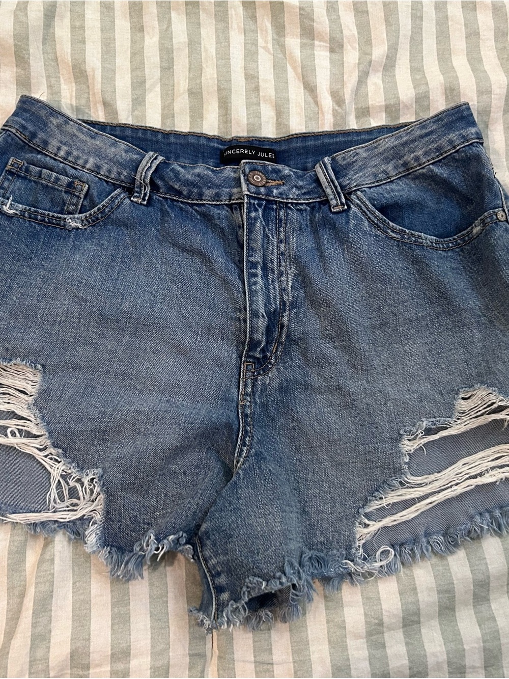 Sincerely Jules Medium Blue Distressed Denim Cutoff Shorts